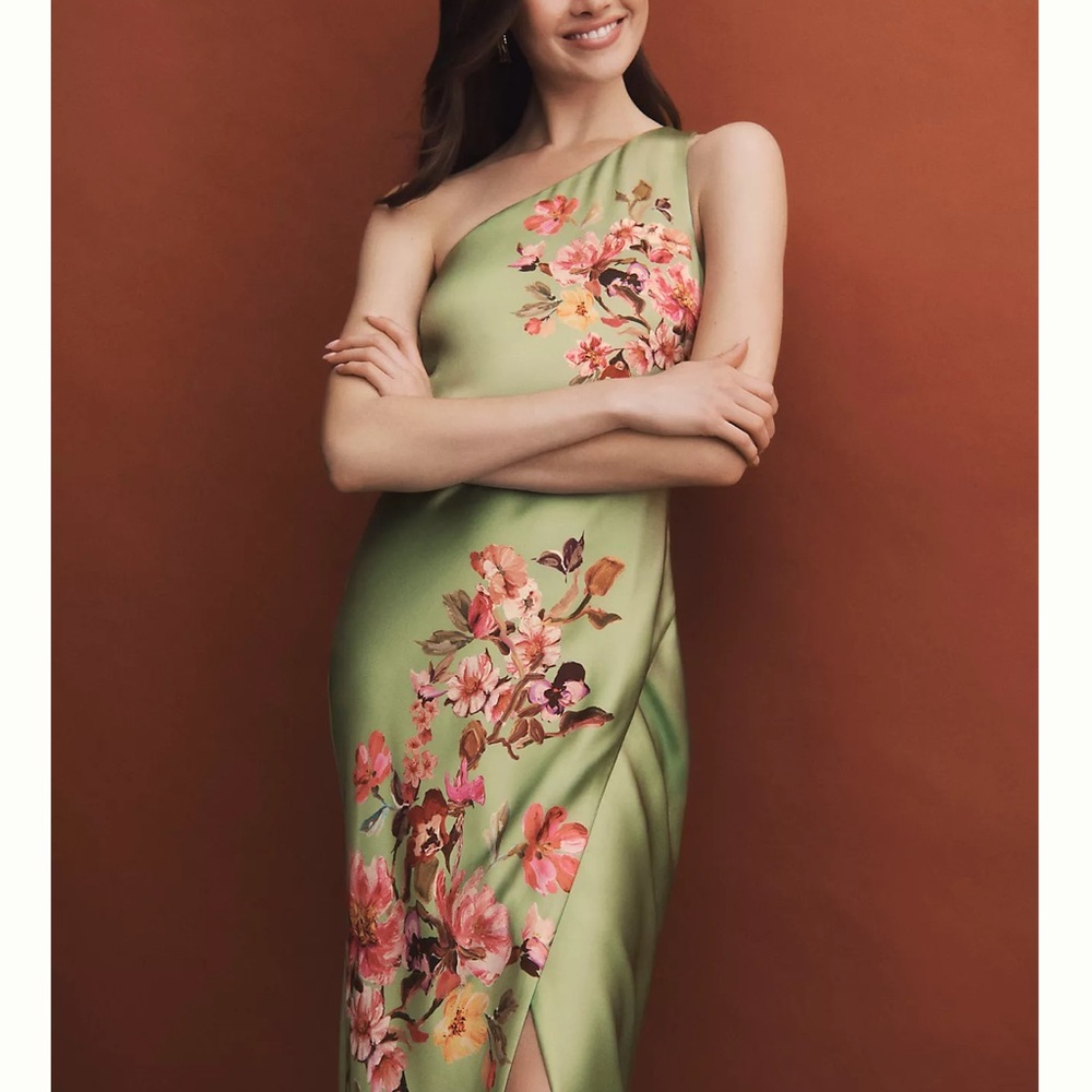 Anthropologie One-Shoulder Olive Green Floral Satin Dress